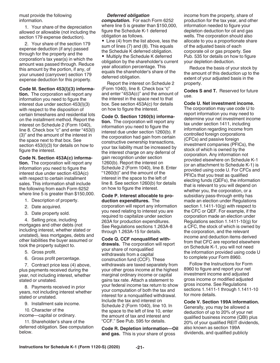 Instructions for IRS Form 1120-S Schedule K-1 Shareholders Share of Income, Deductions, Credits, Etc., Page 21