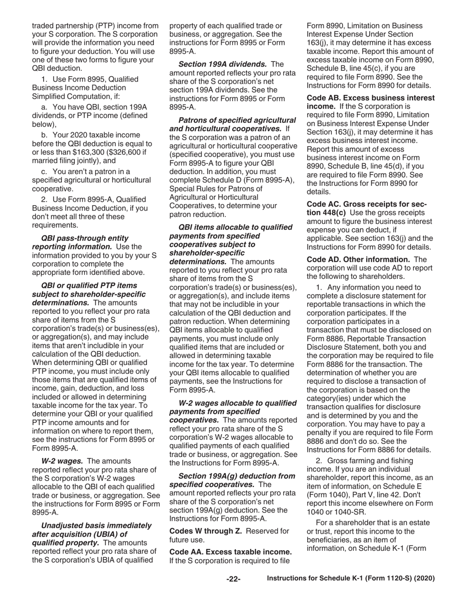 Instructions for IRS Form 1120-S Schedule K-1 Shareholders Share of Income, Deductions, Credits, Etc., Page 22