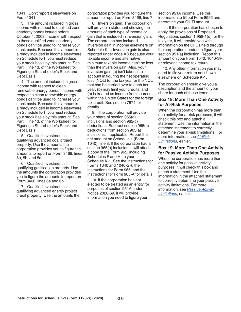 Instructions for IRS Form 1120-S Schedule K-1 Shareholders Share of Income, Deductions, Credits, Etc., Page 23