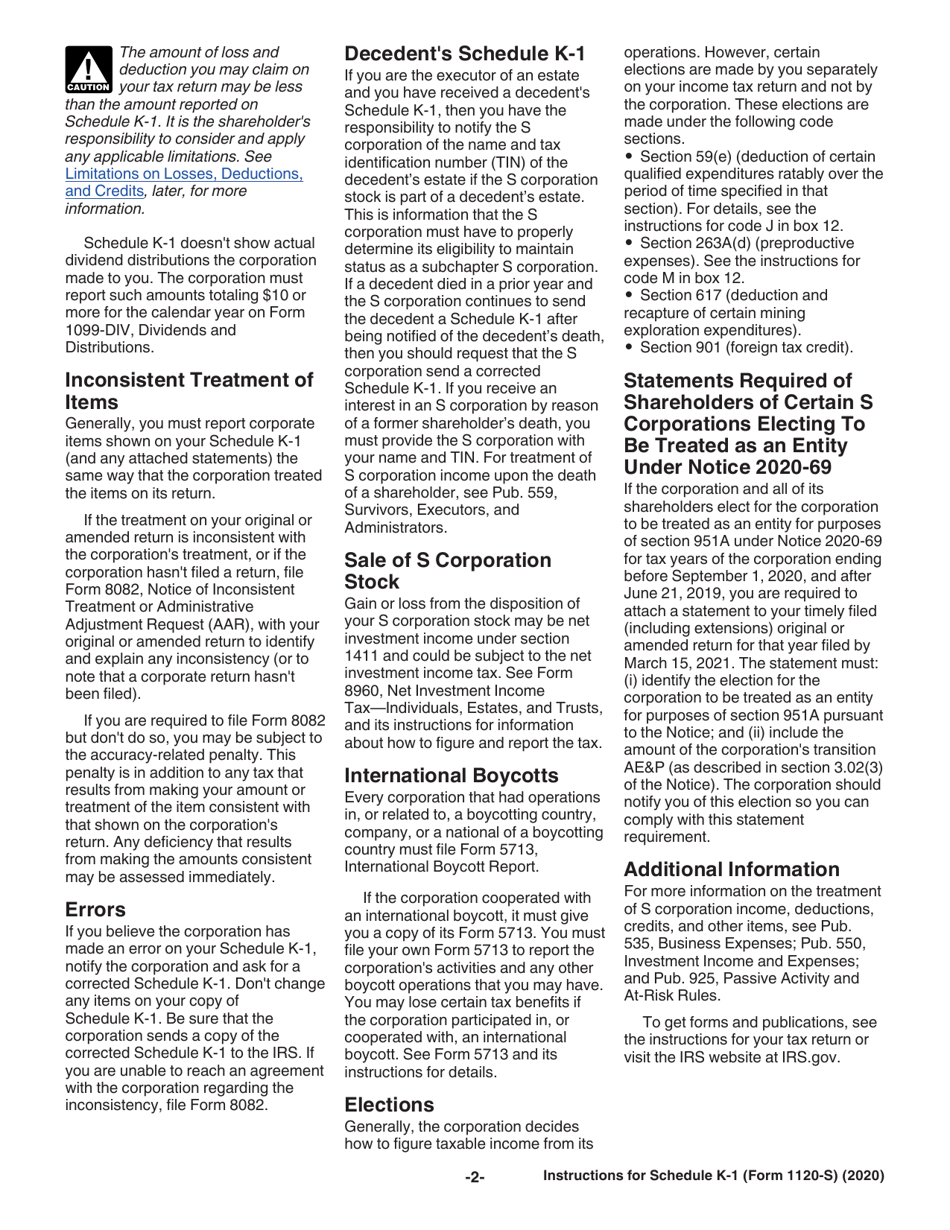 Instructions for IRS Form 1120-S Schedule K-1 Shareholders Share of Income, Deductions, Credits, Etc., Page 2