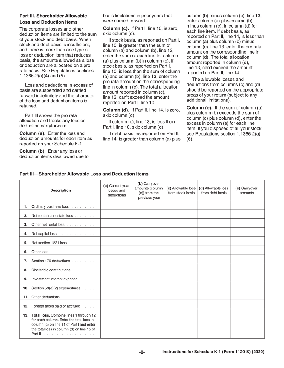 Instructions for IRS Form 1120-S Schedule K-1 Shareholders Share of Income, Deductions, Credits, Etc., Page 8