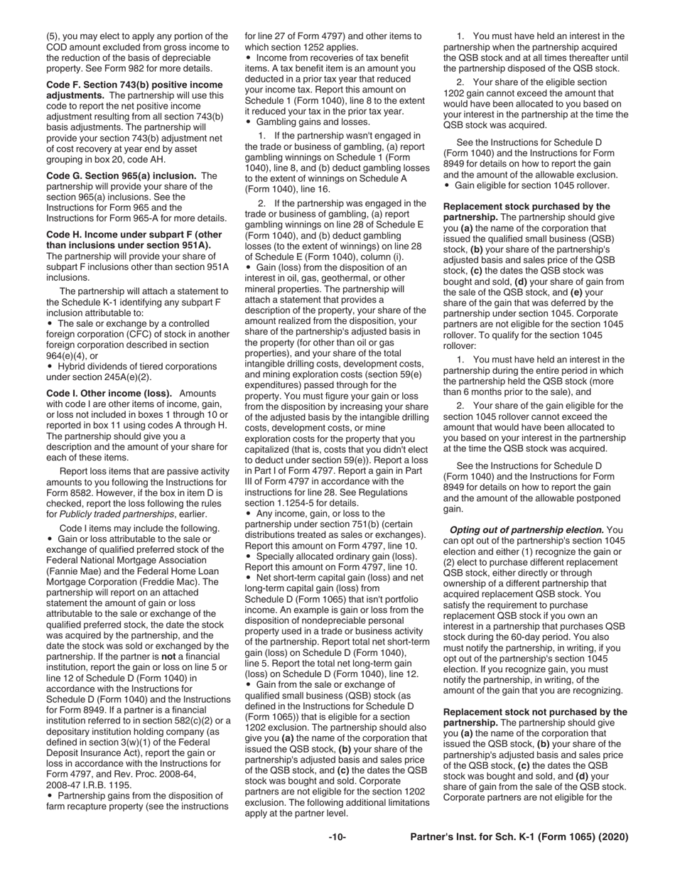 Instructions for IRS Form 1065 Schedule K-1 Partners Share of Income, Deductions, Credits, Etc., Page 10
