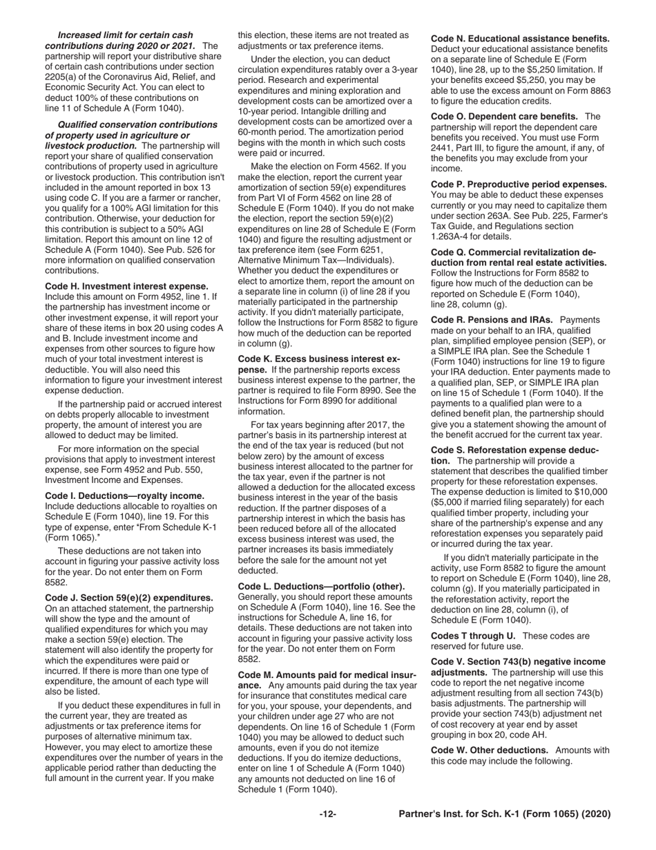 Instructions for IRS Form 1065 Schedule K-1 Partners Share of Income, Deductions, Credits, Etc., Page 12
