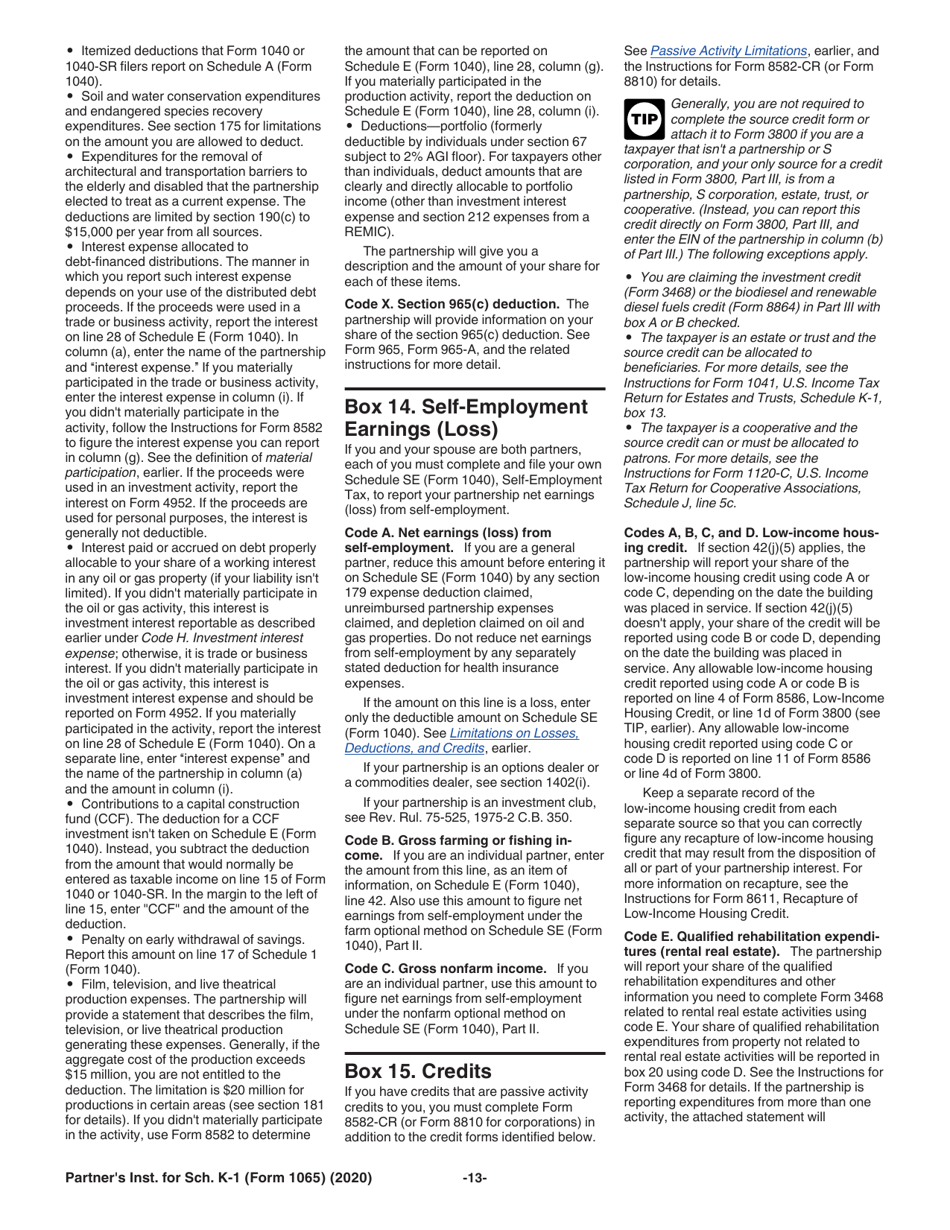 Instructions for IRS Form 1065 Schedule K-1 Partners Share of Income, Deductions, Credits, Etc., Page 13