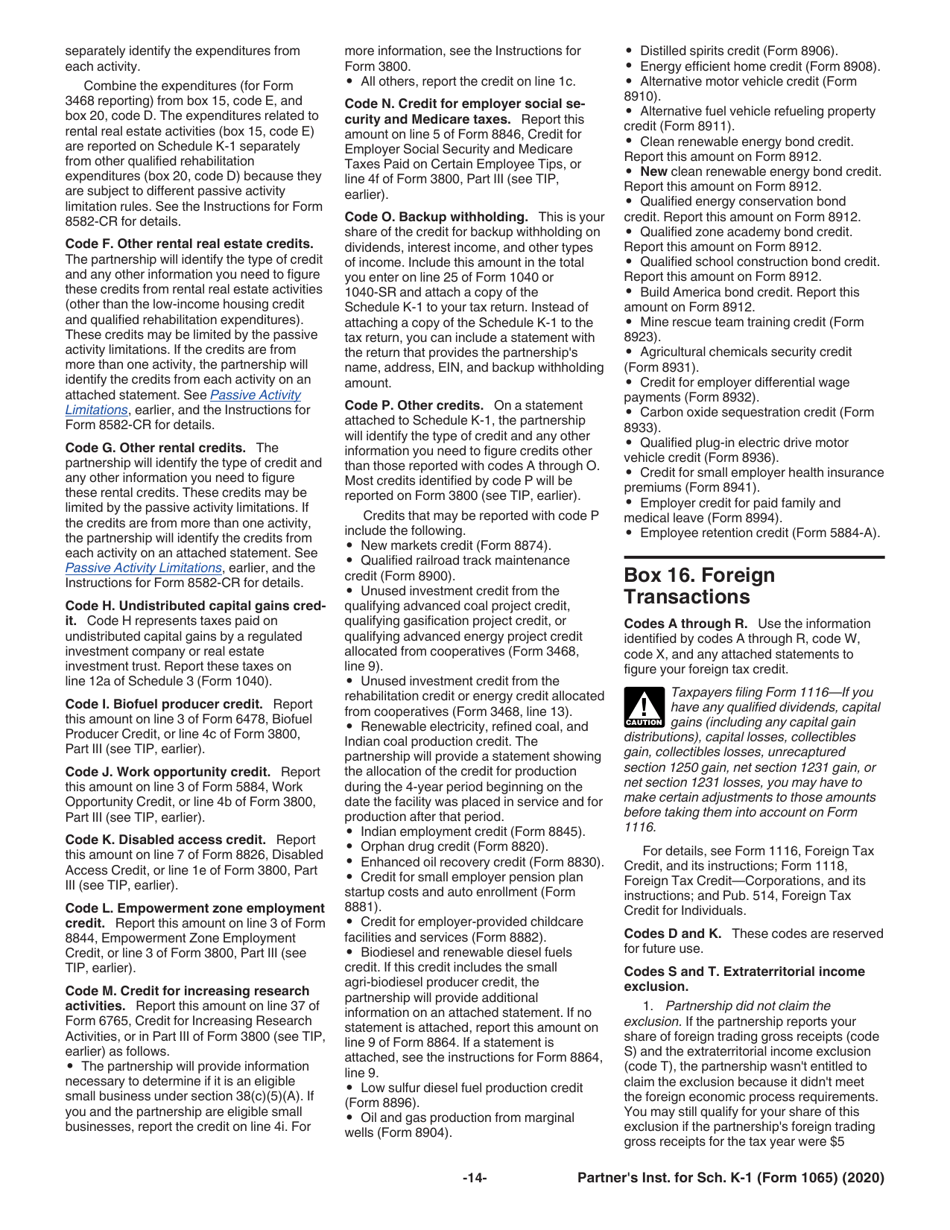 Instructions for IRS Form 1065 Schedule K-1 Partners Share of Income, Deductions, Credits, Etc., Page 14
