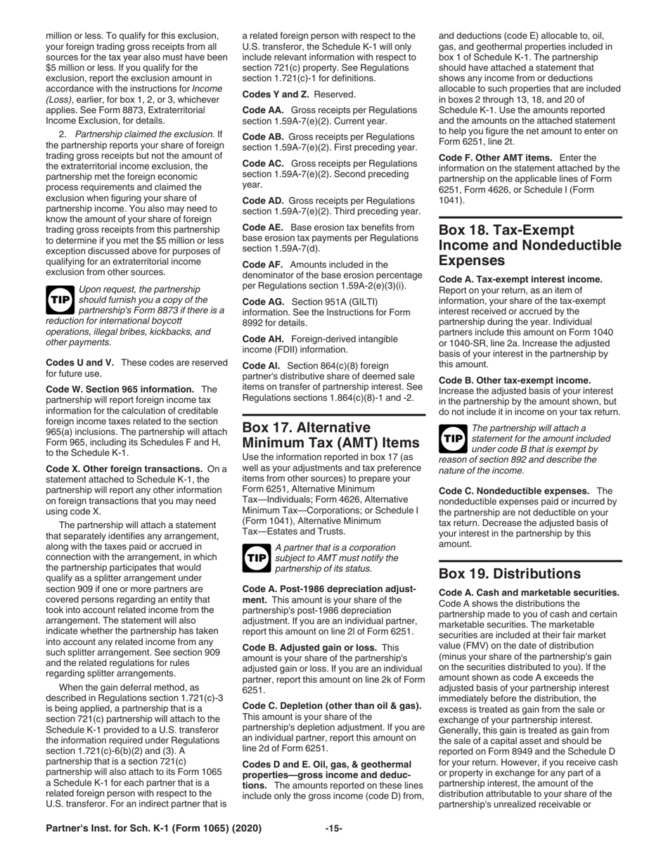 Instructions for IRS Form 1065 Schedule K-1 Partners Share of Income, Deductions, Credits, Etc., Page 15