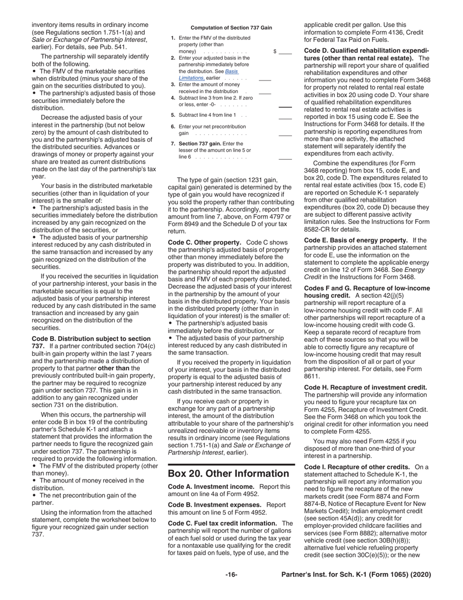 Instructions for IRS Form 1065 Schedule K-1 Partners Share of Income, Deductions, Credits, Etc., Page 16