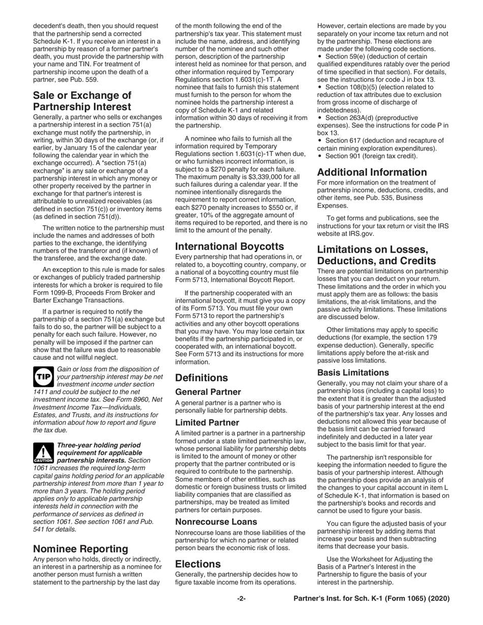 Instructions for IRS Form 1065 Schedule K-1 Partners Share of Income, Deductions, Credits, Etc., Page 2