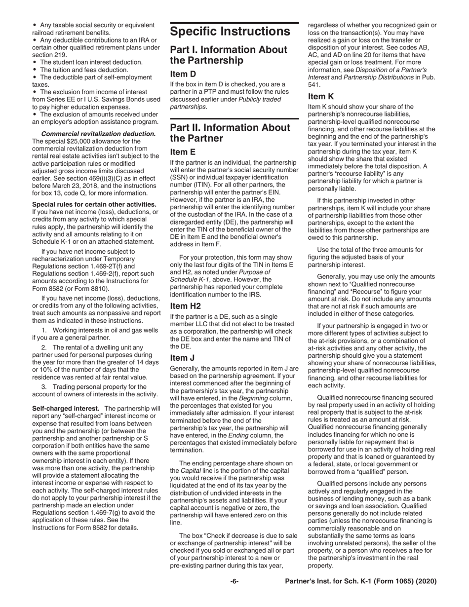 Instructions for IRS Form 1065 Schedule K-1 Partners Share of Income, Deductions, Credits, Etc., Page 6