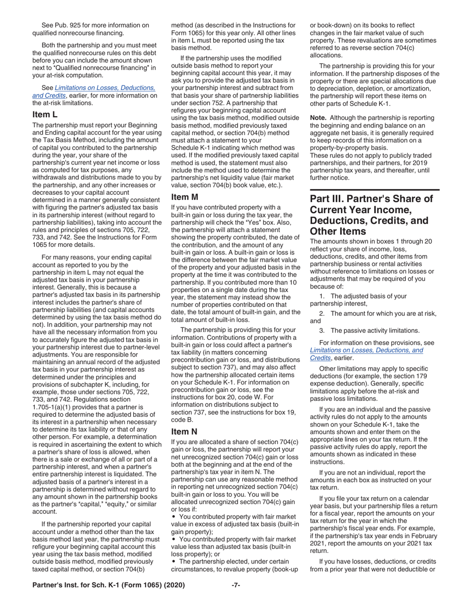 Instructions for IRS Form 1065 Schedule K-1 Partners Share of Income, Deductions, Credits, Etc., Page 7