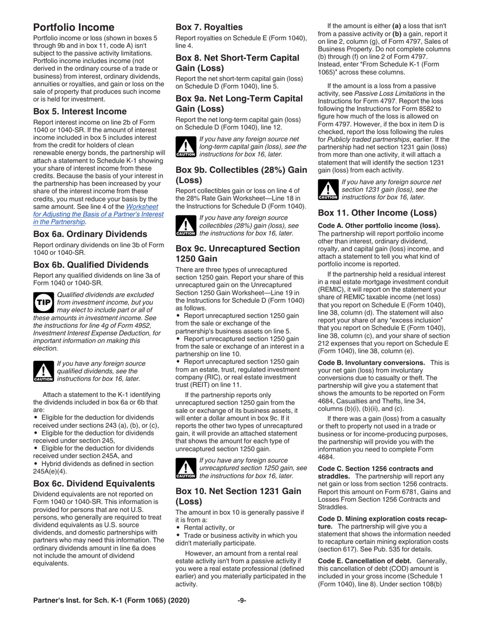 Instructions for IRS Form 1065 Schedule K-1 Partners Share of Income, Deductions, Credits, Etc., Page 9