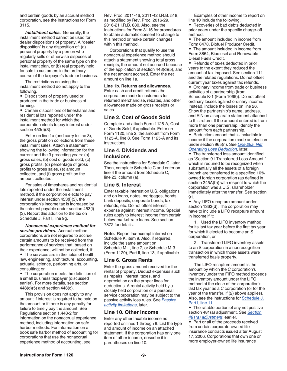 Instructions for IRS Form 1120 U.S. Corporation Income Tax Return, Page 9