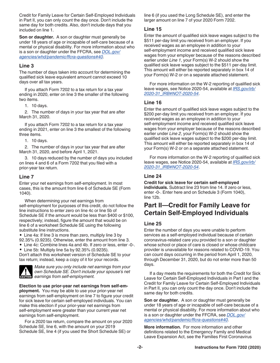 Instructions for IRS Form 7202 Credits for Sick Leave and Family Leave for Certain Self-employed Individuals, Page 2