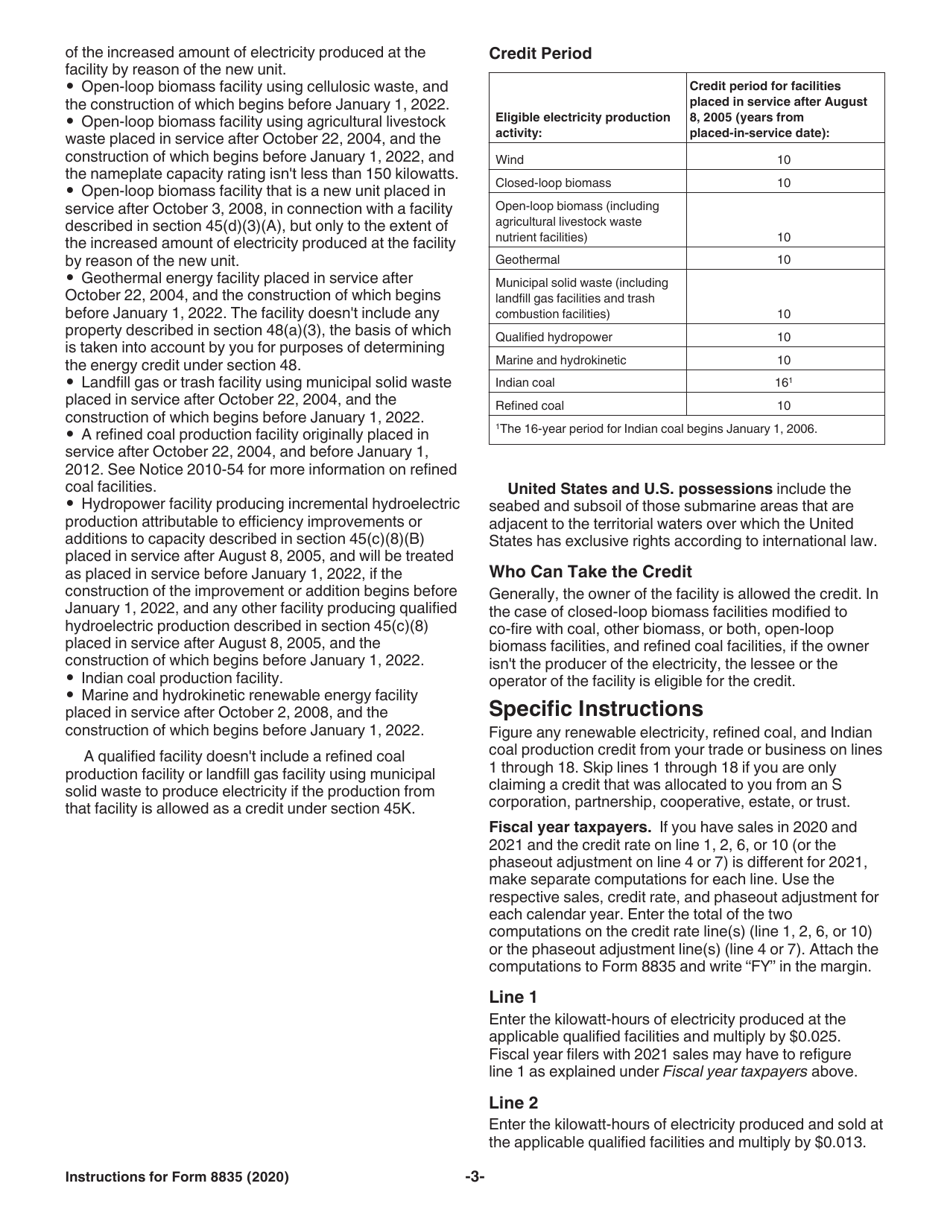 Instructions for IRS Form 8835 Renewable Electricity, Refined Coal, and Indian Coal Production Credit, Page 3