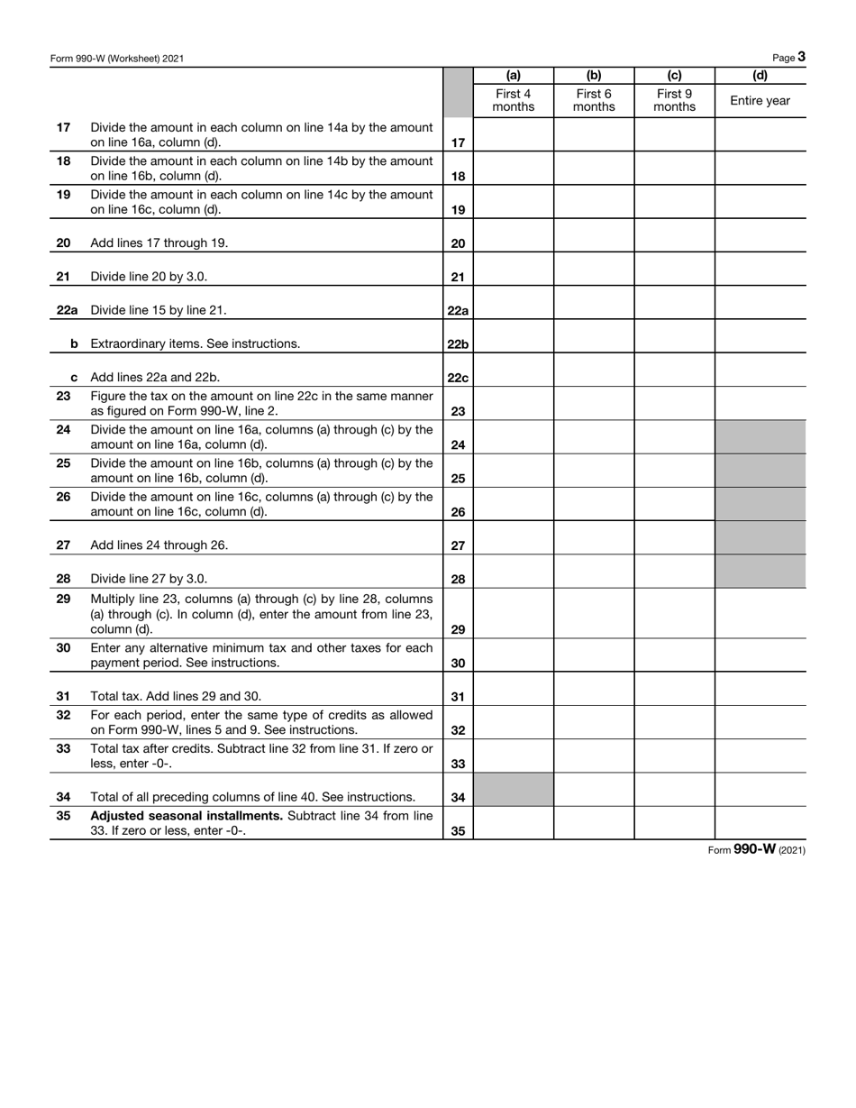 IRS Form 990-W Estimated Tax on Unrelated Business Taxable Income for Tax-Exempt Organizations (And on Investment Income for Private Foundations), Page 3