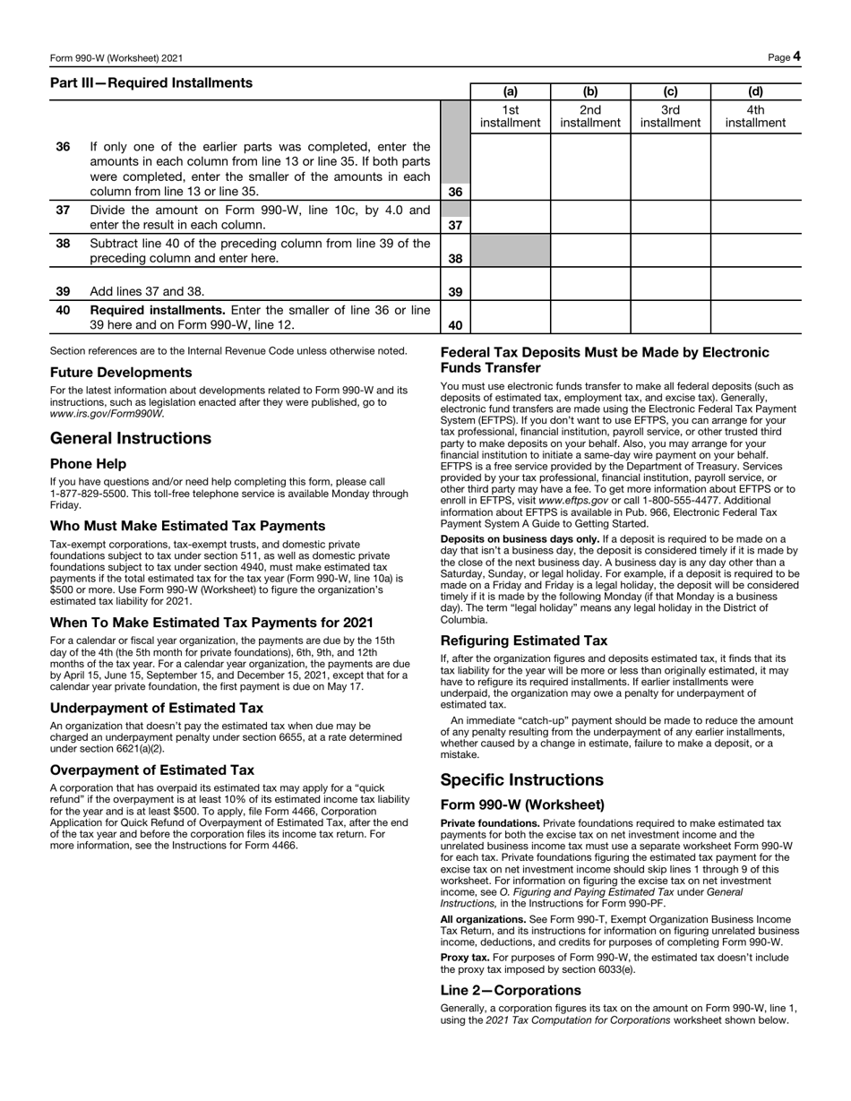 IRS Form 990-W Estimated Tax on Unrelated Business Taxable Income for Tax-Exempt Organizations (And on Investment Income for Private Foundations), Page 4