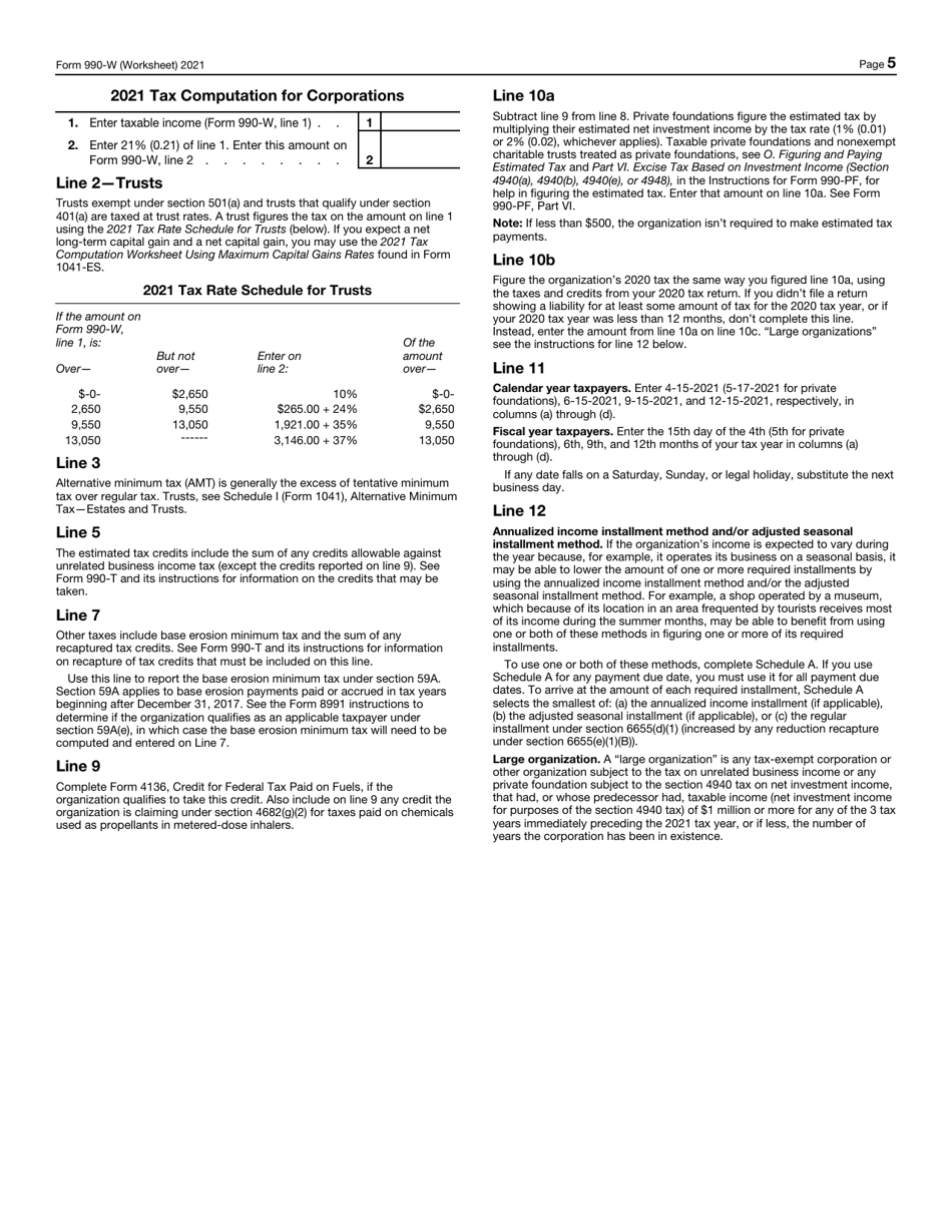 IRS Form 990-W Estimated Tax on Unrelated Business Taxable Income for Tax-Exempt Organizations (And on Investment Income for Private Foundations), Page 5