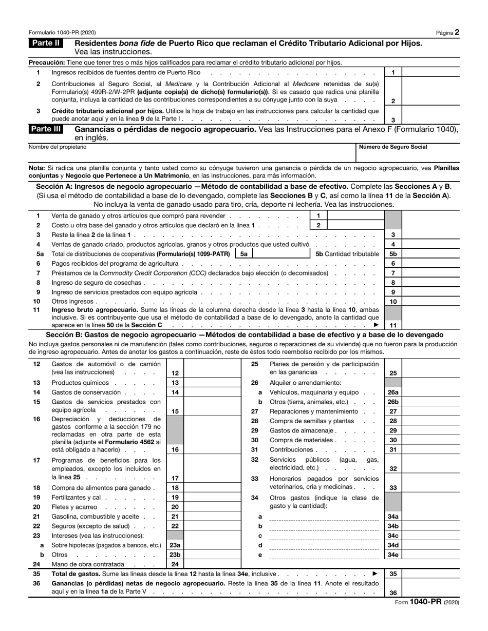 IRS Formulario 1040-PR Planilla Para La Declaracion De La Contribucion Federal Sobre El Trabajo Por Cuenta Propia (Incluyendo El Credito Tributario Adicional Por Hijos Para Residentes Bona Fide De Puerto Rico) (Puerto Rican Spanish), Page 2