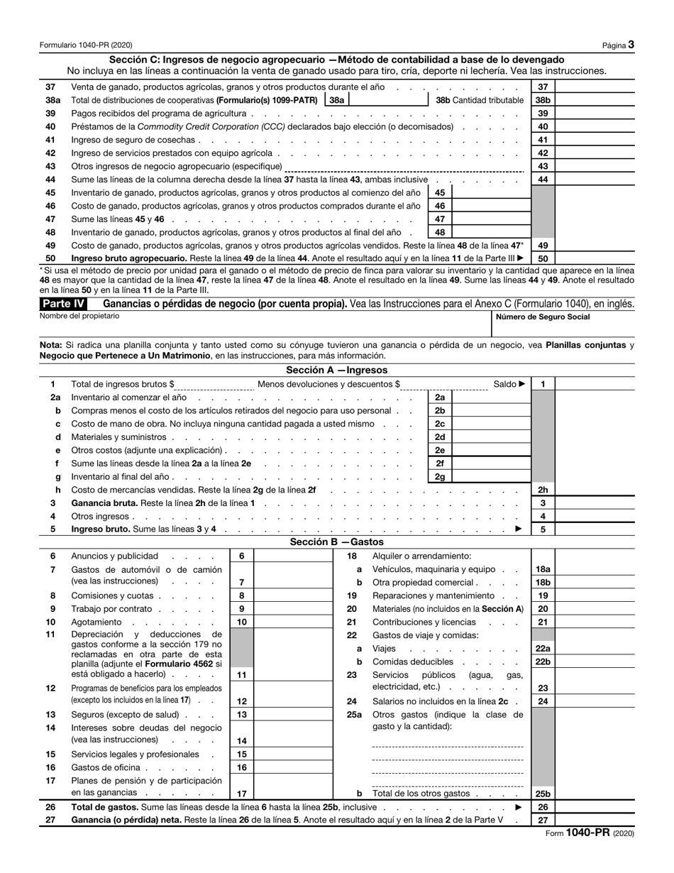 IRS Formulario 1040-PR Planilla Para La Declaracion De La Contribucion Federal Sobre El Trabajo Por Cuenta Propia (Incluyendo El Credito Tributario Adicional Por Hijos Para Residentes Bona Fide De Puerto Rico) (Puerto Rican Spanish), Page 3