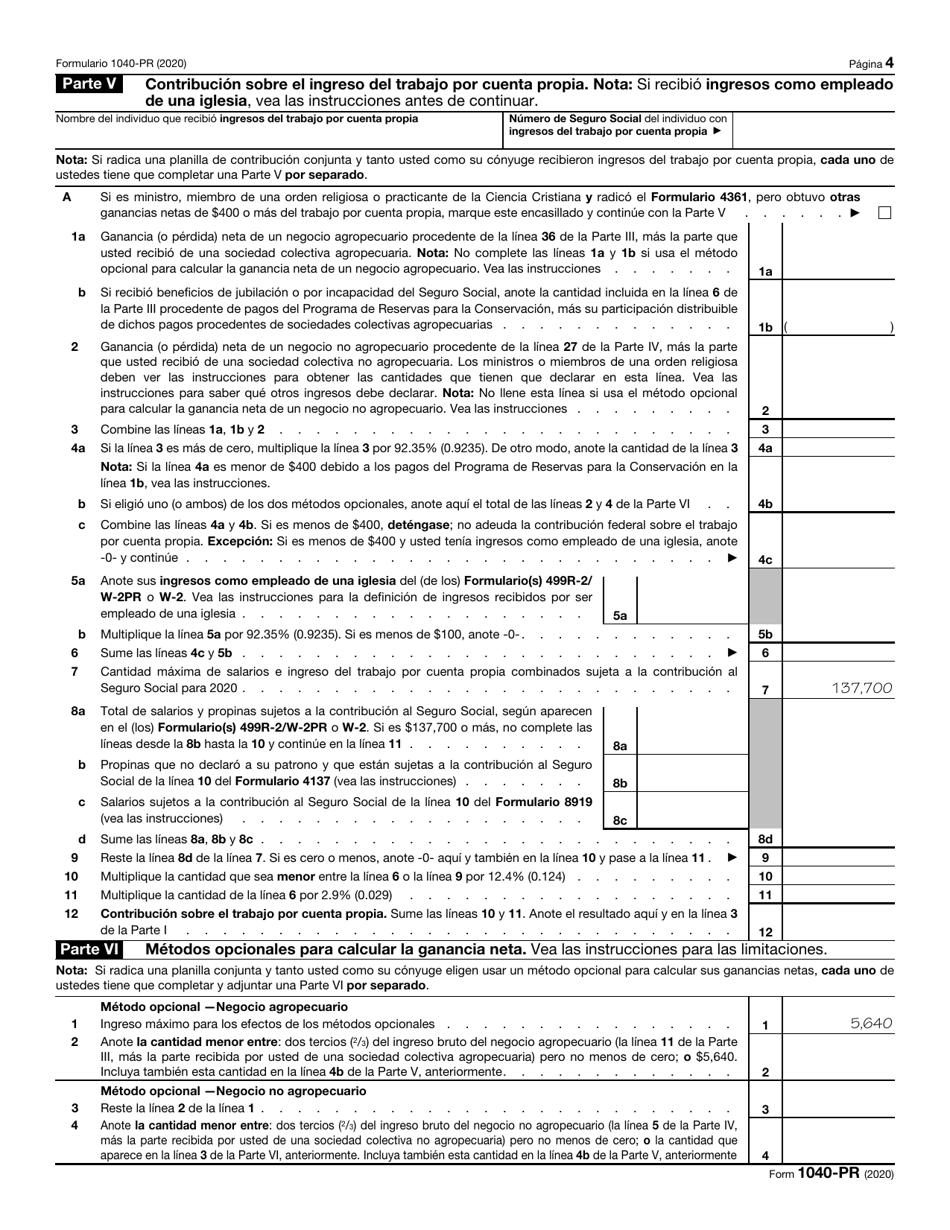 IRS Formulario 1040-PR Planilla Para La Declaracion De La Contribucion Federal Sobre El Trabajo Por Cuenta Propia (Incluyendo El Credito Tributario Adicional Por Hijos Para Residentes Bona Fide De Puerto Rico) (Puerto Rican Spanish), Page 4