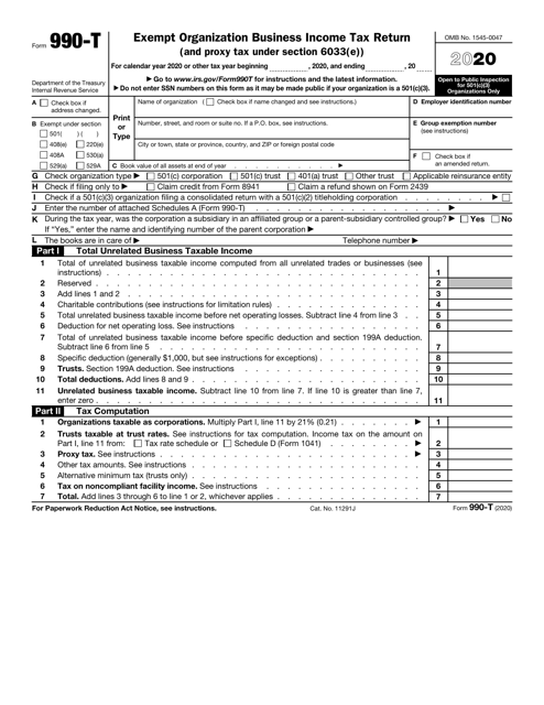 IRS Form 990-T 2020 Printable Pdf