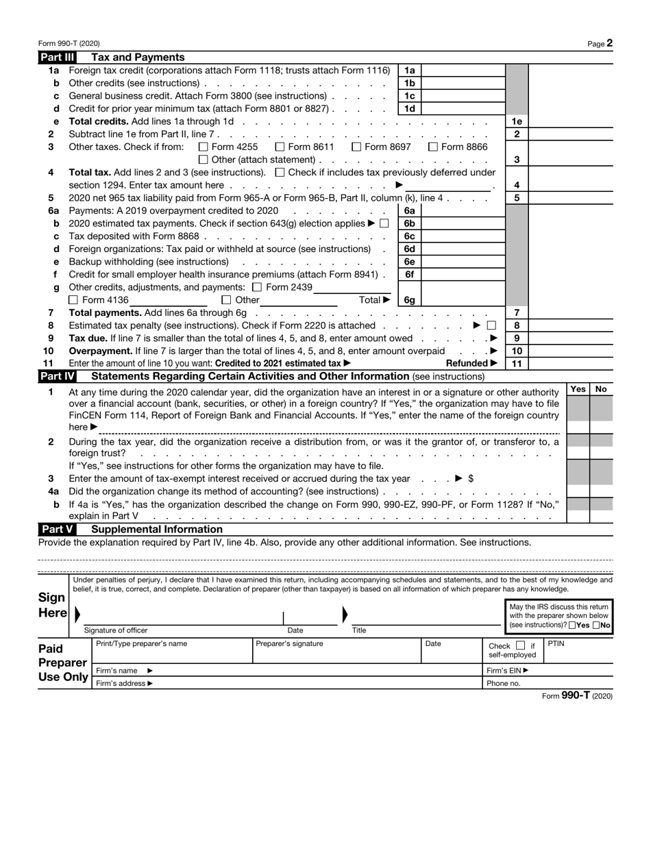 IRS Form 990-T Exempt Organization Business Income Tax Return (And Proxy Tax Under Section 6033(E)), Page 2