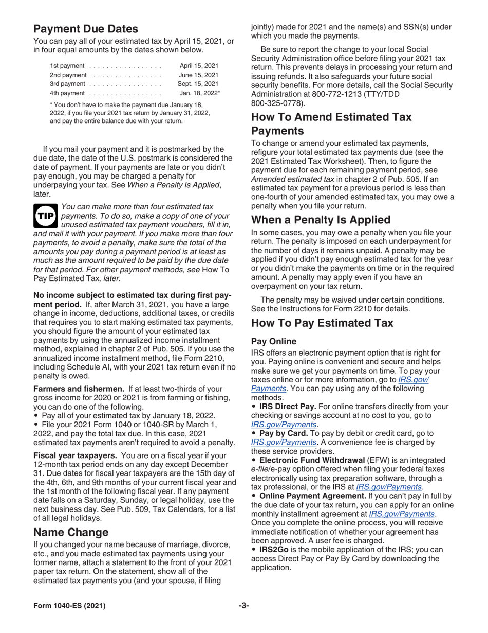 IRS Form 1040-ES Download Fillable PDF Or Fill Online Estimated Tax For ...