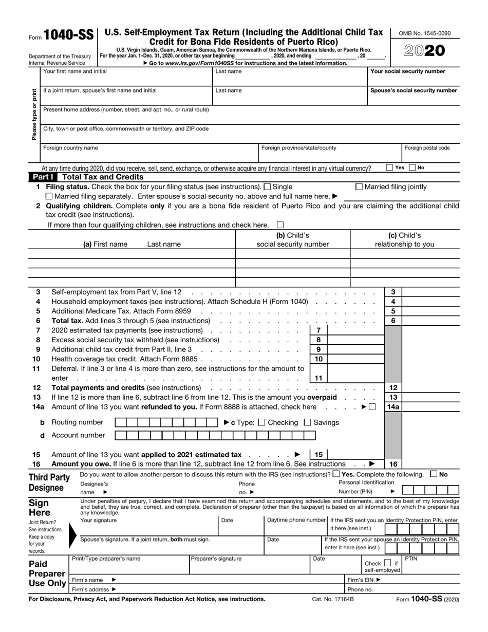 IRS Form 1040-SS U.S. Self-employment Tax Return (Including the Additional Child Tax Credit for Bona Fide Residents of Puerto Rico), Page 1