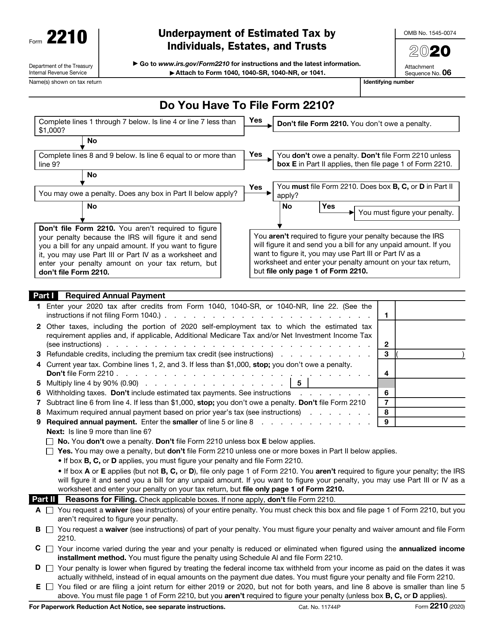 IRS Form 2210 2020 Printable Pdf