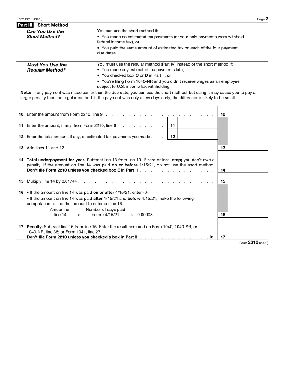 IRS Form 2210 Underpayment of Estimated Tax by Individuals, Estates, and Trusts, Page 2