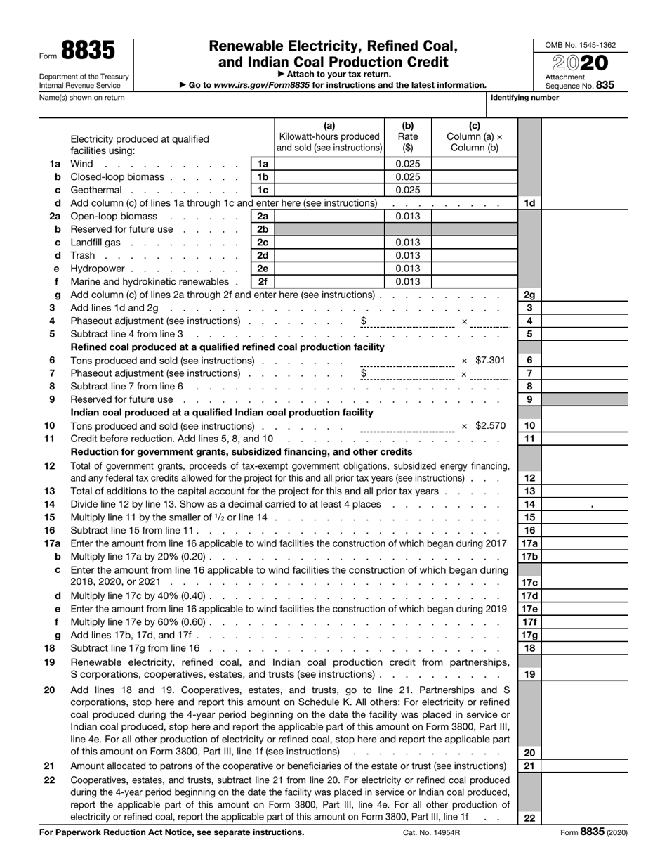 IRS Form 8835 Download Fillable PDF or Fill Online Renewable ...