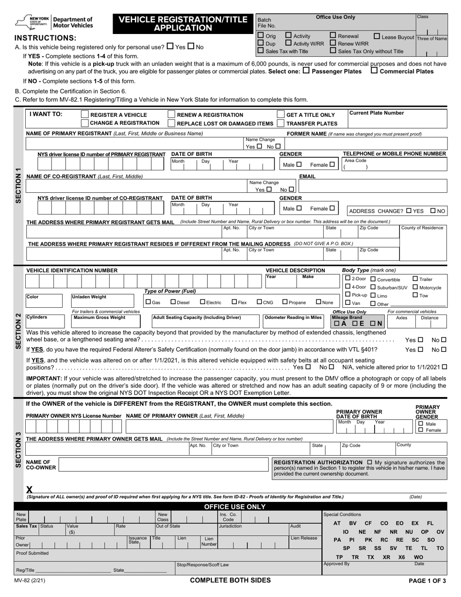 Form MV-82 Vehicle Registration / Title Application - New York, Page 1