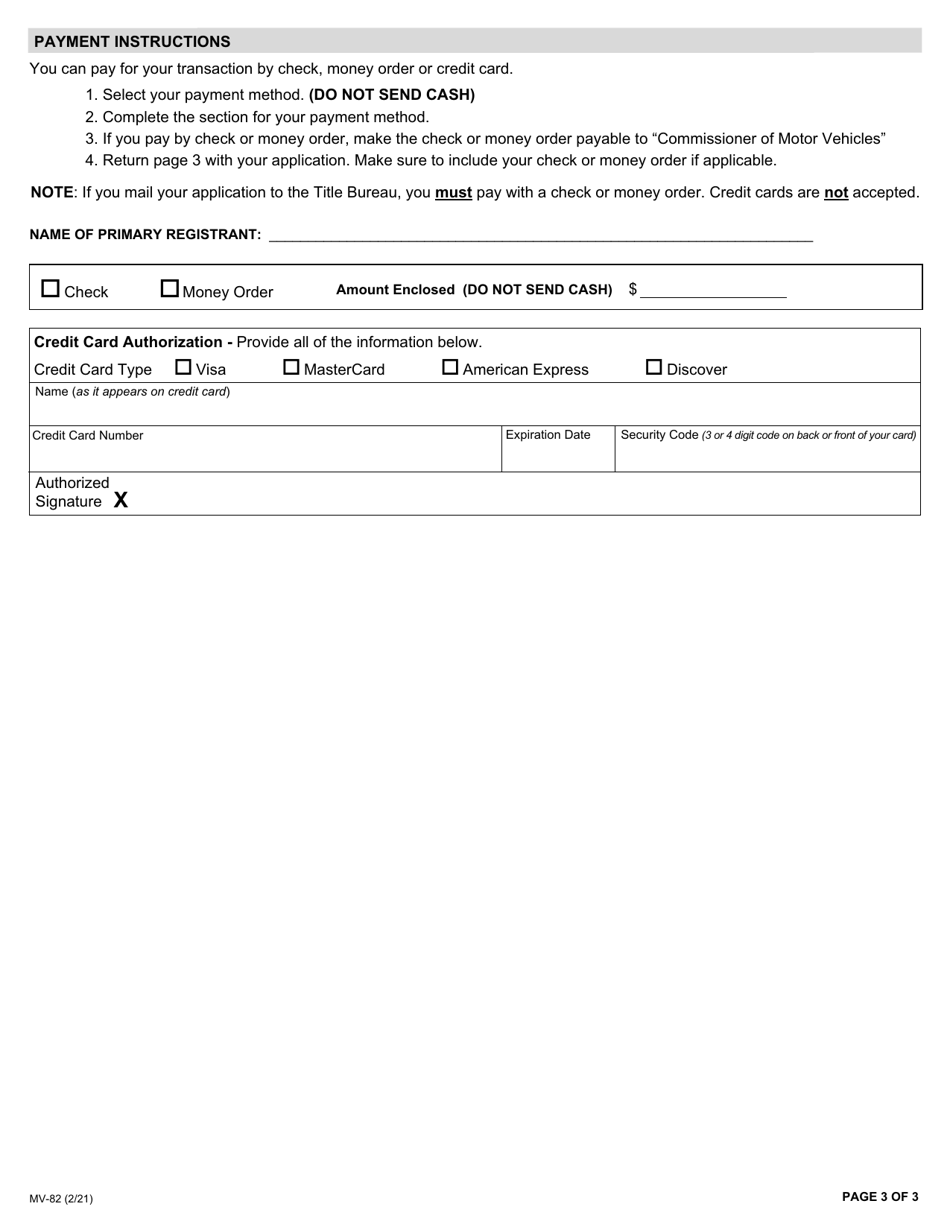 Form MV-82 Vehicle Registration / Title Application - New York, Page 3
