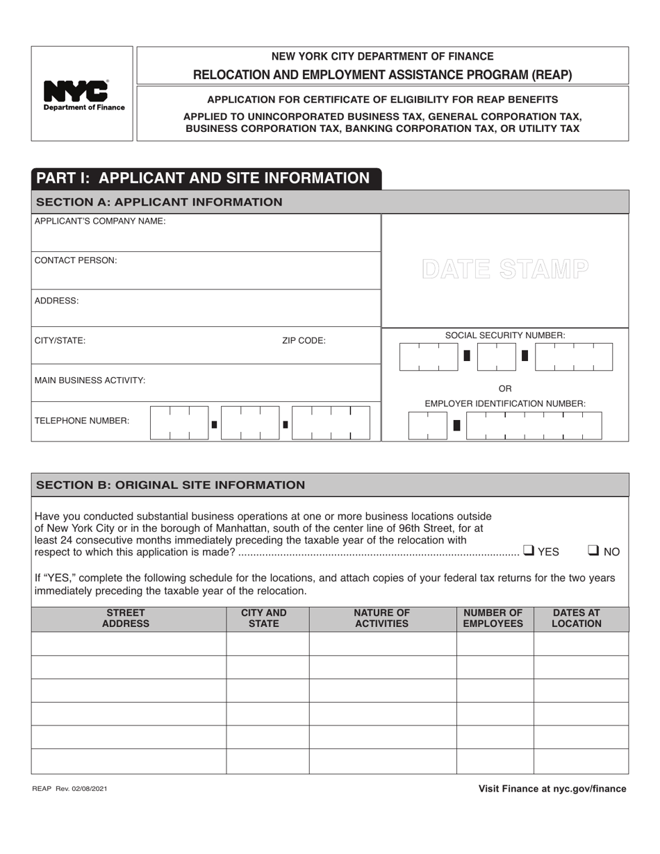 Form REAP Application for Certificate of Eligibility for Reap Benefits - New York City, Page 1