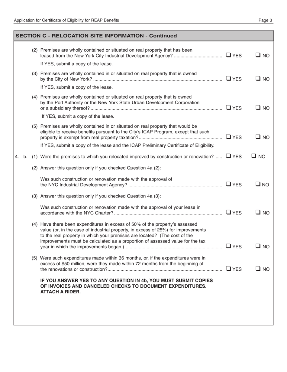 Form REAP Application for Certificate of Eligibility for Reap Benefits - New York City, Page 3