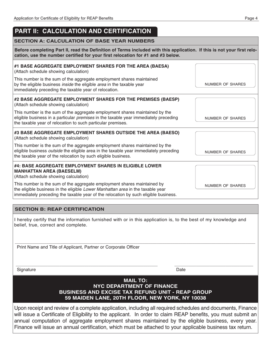 Form REAP Application for Certificate of Eligibility for Reap Benefits - New York City, Page 4