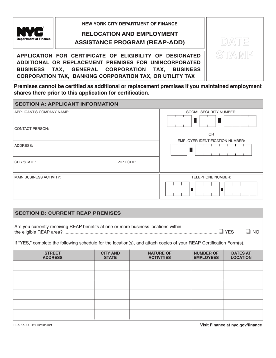 Form REAP-ADD Application for Certificate of Eligibility of Designated Additional or Replacement Premises for Unincorporated Business Tax, General Corporation Tax, Business Corporation Tax, Banking Corporation Tax, or Utility Tax - New York City, Page 1