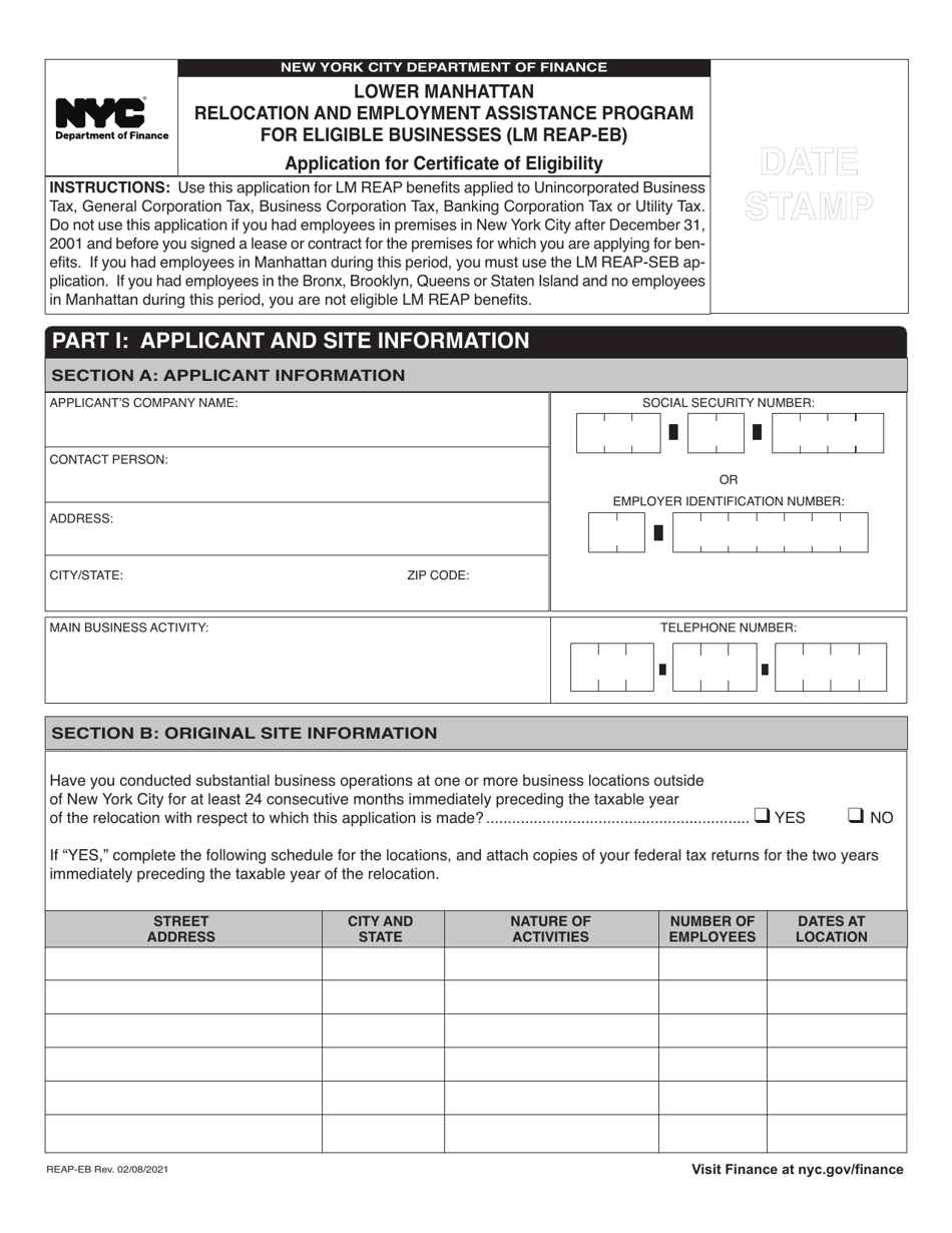 Form REAP-EB Application for Certificate of Eligibility - Lower Manhattan Relocation and Employment Assistance Program for Eligible Businesses (Lm Reap-Eb) - New York City, Page 1