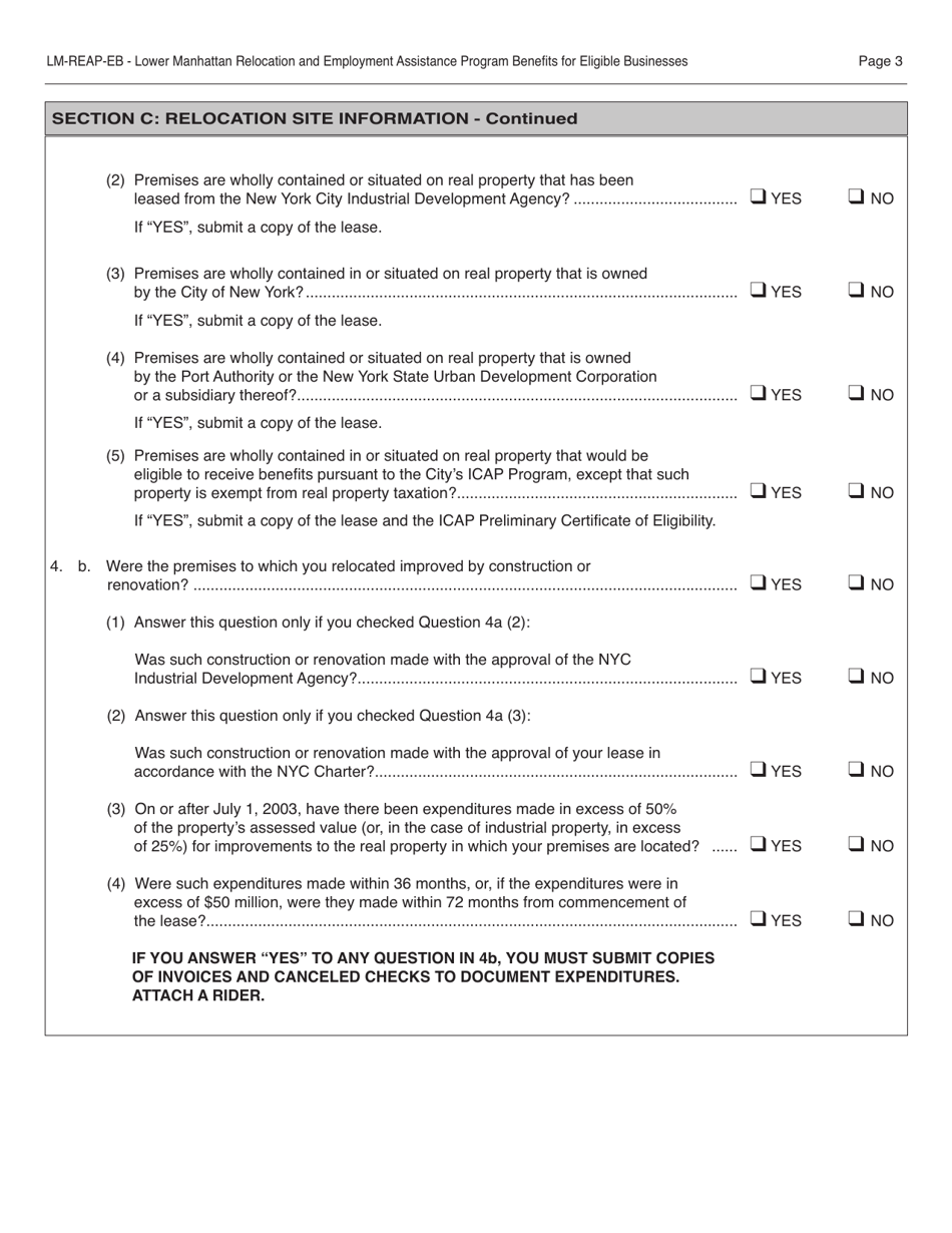 Form REAP-EB Application for Certificate of Eligibility - Lower Manhattan Relocation and Employment Assistance Program for Eligible Businesses (Lm Reap-Eb) - New York City, Page 3