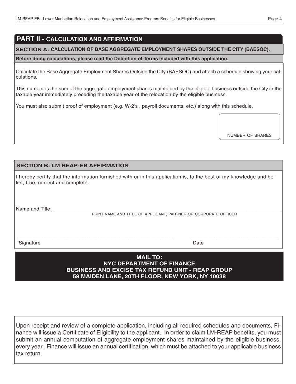 Form REAP-EB Application for Certificate of Eligibility - Lower Manhattan Relocation and Employment Assistance Program for Eligible Businesses (Lm Reap-Eb) - New York City, Page 4