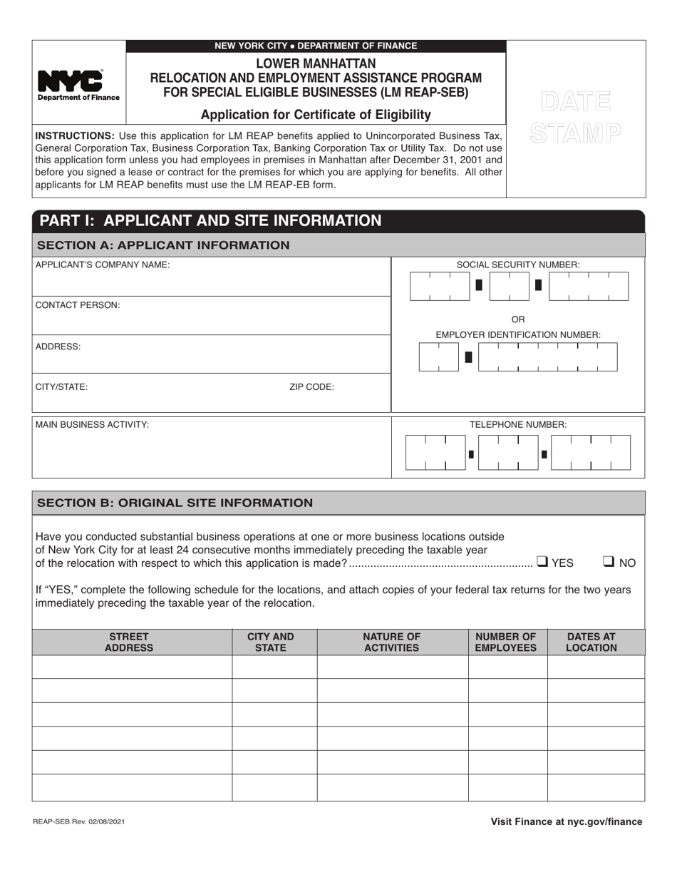 Form REAP-SEB Application for Certificate of Eligibility - Lower Manhattan Relocation and Employment Assistance Program for Special Eligible Businesses (Lm Reap-Seb) - New York City, Page 1