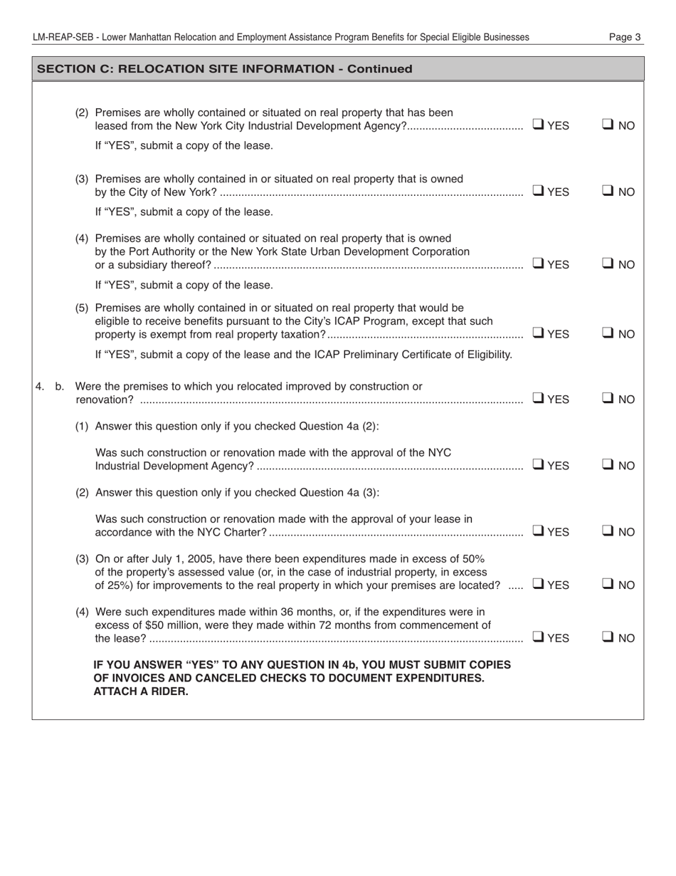 Form REAP-SEB Application for Certificate of Eligibility - Lower Manhattan Relocation and Employment Assistance Program for Special Eligible Businesses (Lm Reap-Seb) - New York City, Page 3