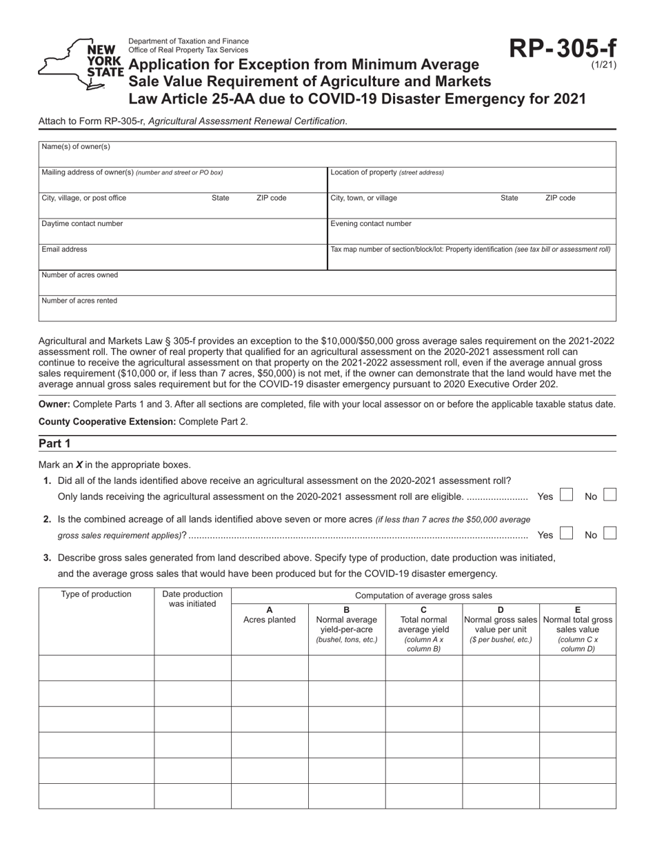 Form RP-305-F Application for Exception From Minimum Average Sale Value Requirement of Agriculture and Markets Law Article 25-aa Due to Covid-19 Disaster Emergency - New York, Page 1