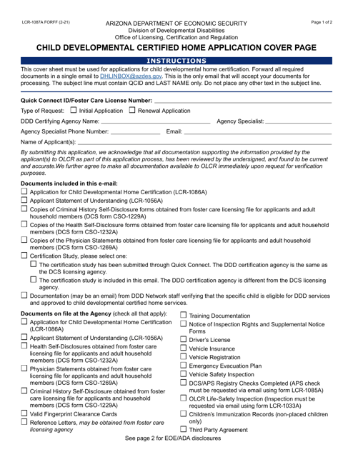Form LCR-1087A Child Developmental Certified Home Application Cover Page - Arizona
