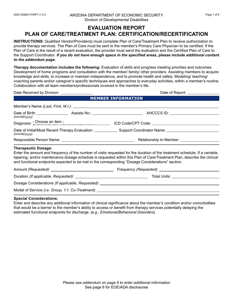 Form DDD-2088A Evaluation Report Plan of Care / Treatment Plan: Certification / Recertification - Arizona, Page 1
