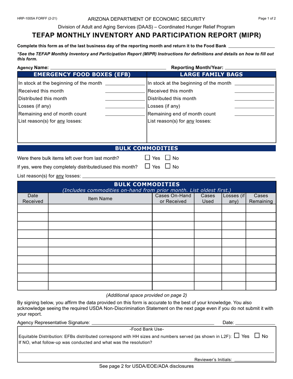 Form HRP-1005A Tefap Monthly Inventory and Participation Report (MIPR) - Arizona, Page 1