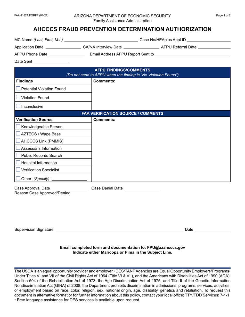 Form FAA-1182A Ahcccs Fraud Prevention Determination Authorization - Arizona, Page 1