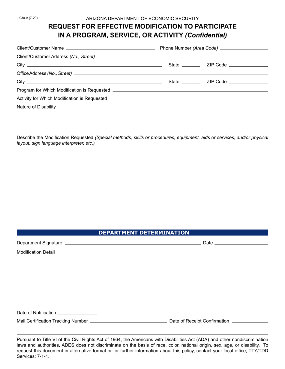 Form J-930-A Request for Effective Modification to Participate in a Program, Service, or Activity - Arizona, Page 1