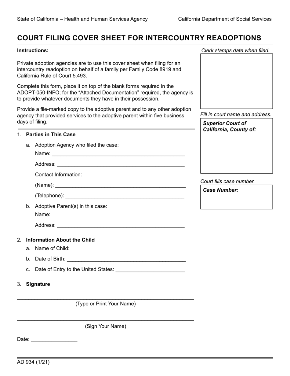 Form AD934 Court Filing Cover Sheet for Intercountry Readoptions - California, Page 1