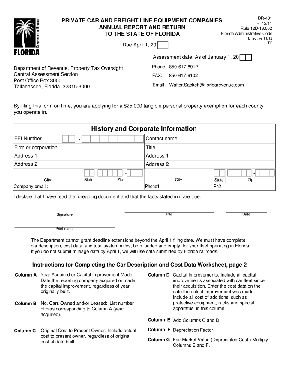 Form DR-401 Private Car and Freight Line Equipment Companies Annual Report and Return to the State of Florida - Florida, Page 1